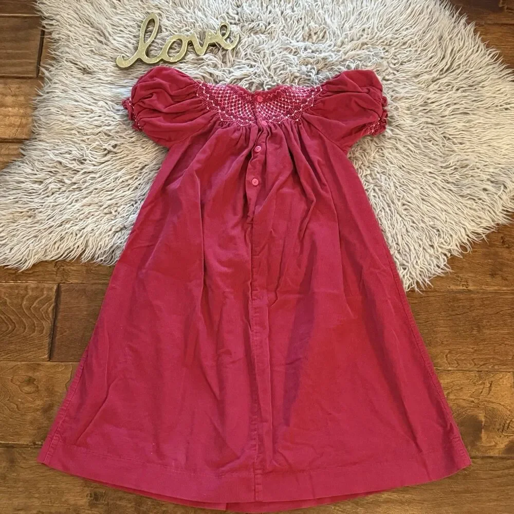 Mom & Me Smocked Dress Girls Burgundy Size 4 Smocked Tiny Pearls